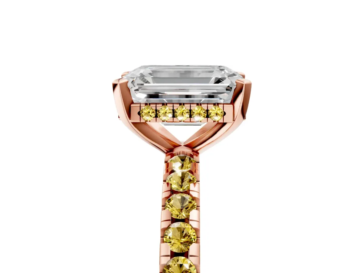 Emerald Cut Diamond Solitaire Ring with Round Yellow Sapphire Pavé Band and Four-Prong Setting Rose gold