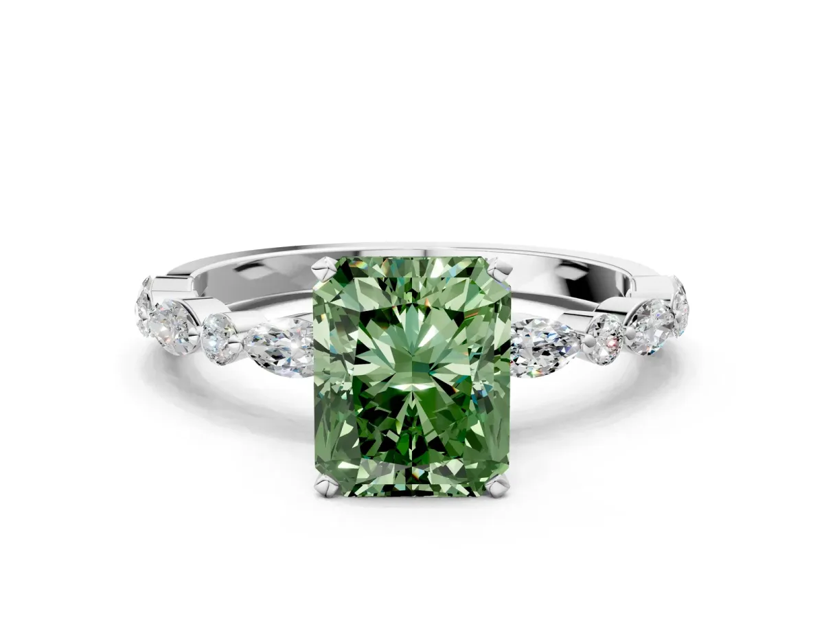 Fancy Green Radiant Cut Diamond Ring with Marquise and Round Side Stones and Four-Prong Setting White gold