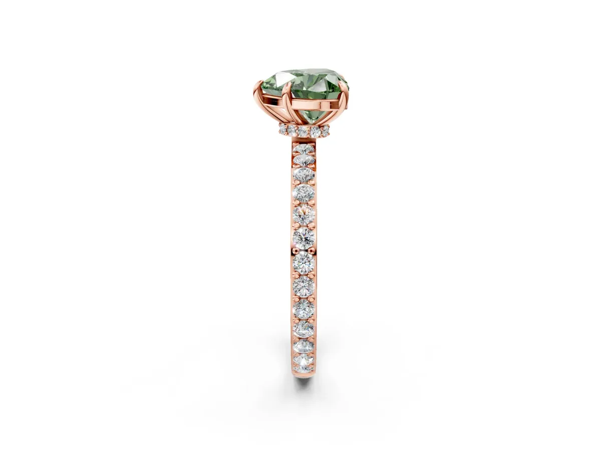 Fancy Green Heart Cut Diamond Solitaire Engagement Ring with Pavé Band and Four-Prong Setting Rose gold