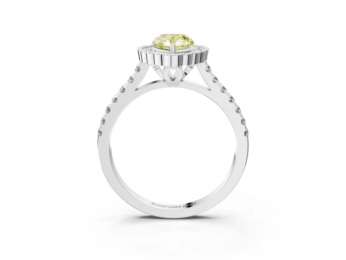 Fancy Yellow Pear Cut Cut Diamond Milgrain Floral Halo Engagement Ring with Pavé Band Silver