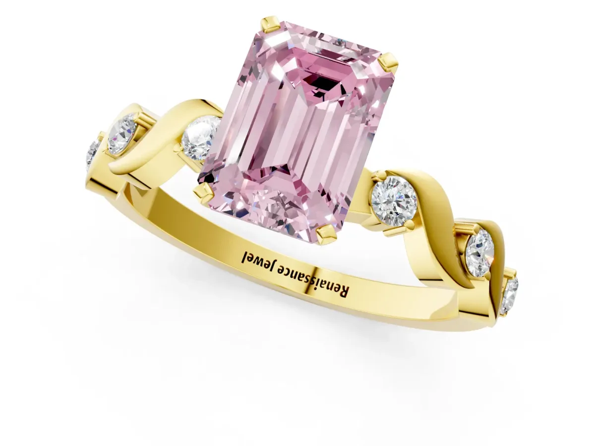Fancy Pink Emerald Cut Diamond Solitaire Twisted Band with Round Accents and Prong Setting Yellow gold