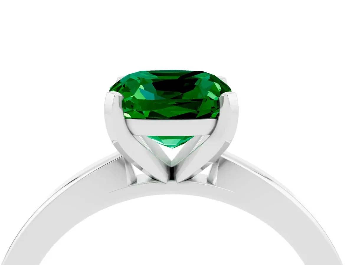 Cushion Cut Emerald Solitaire Engagement Ring with Classic Band and Four-Prong Setting Silver
