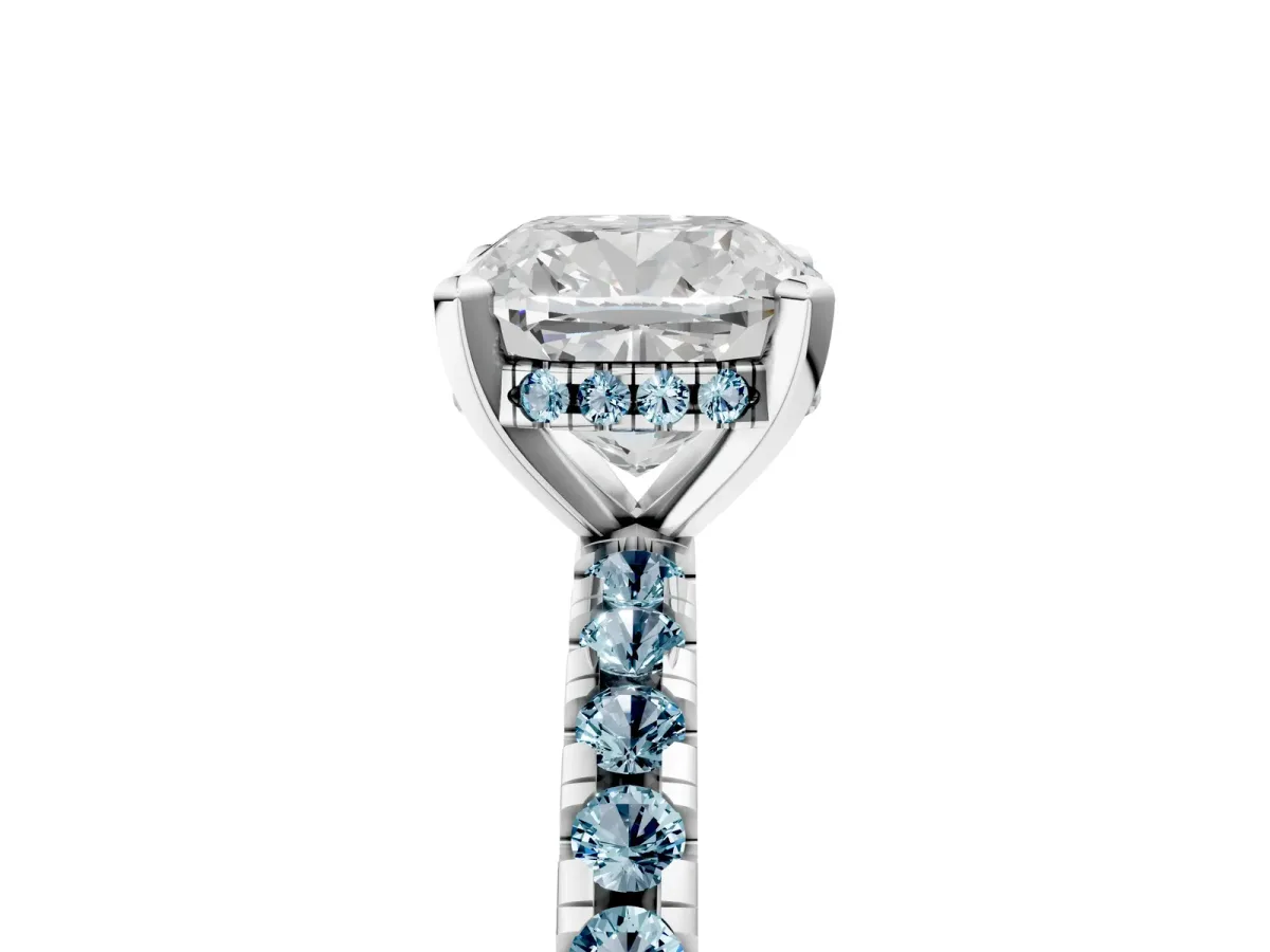 Cushion Cut Diamond Solitaire Ring with Round Aquamarine Pavé Band and Four-Prong Setting Platinum