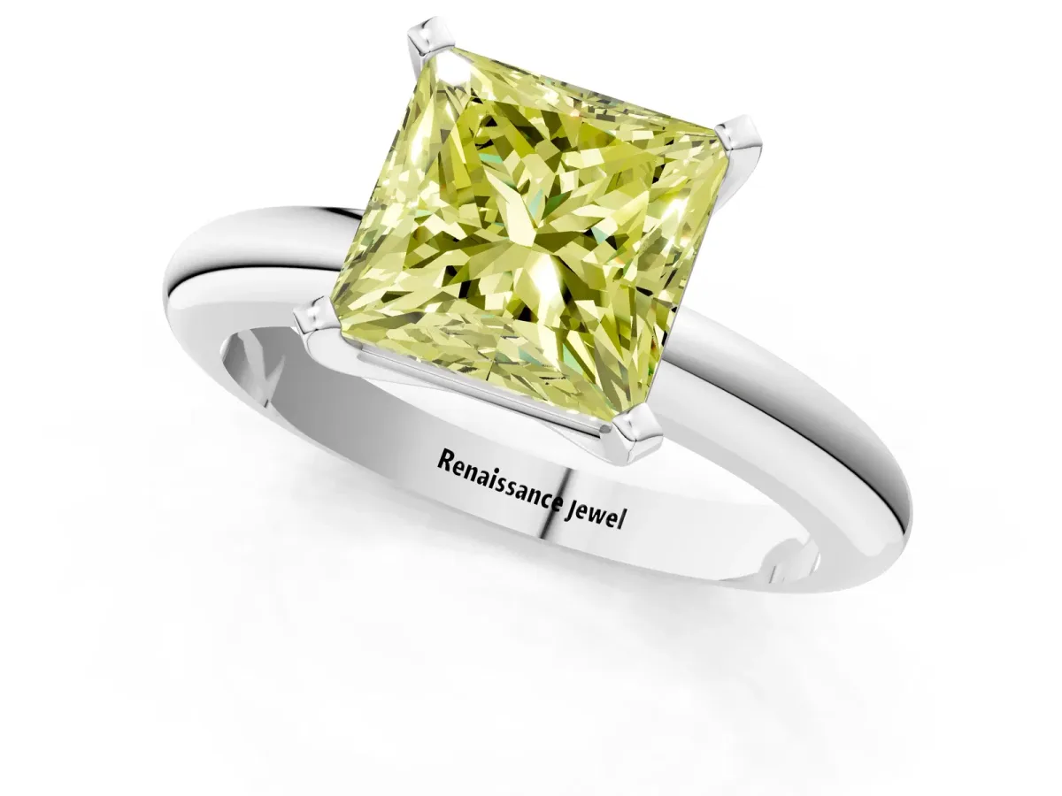 Fancy Yellow Princess Cut Diamond Solitaire Engagement Ring with Round Band and Four-Prong Setting White gold