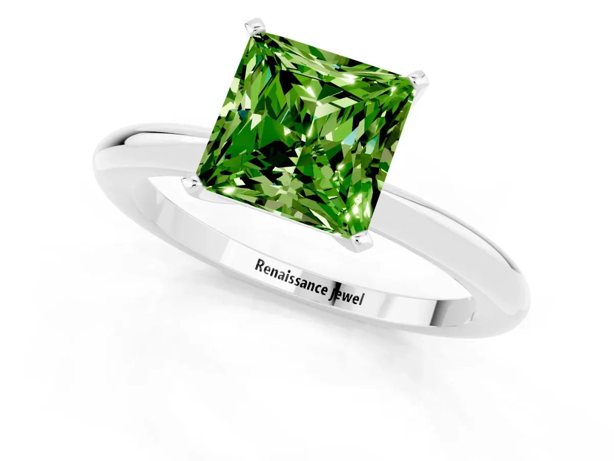Princess Cut Peridot Solitaire Ring with Six-Prong Setting and Classic Band Silver