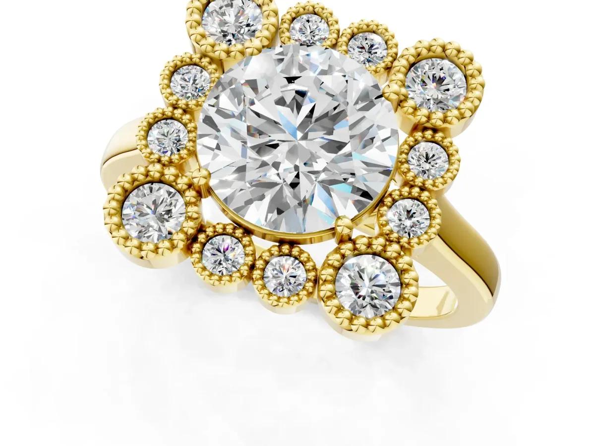 Round Cut Halo Diamond Cluster Engagement Ring with Milgrain Bezel Setting and Solitaire Band Yellow gold