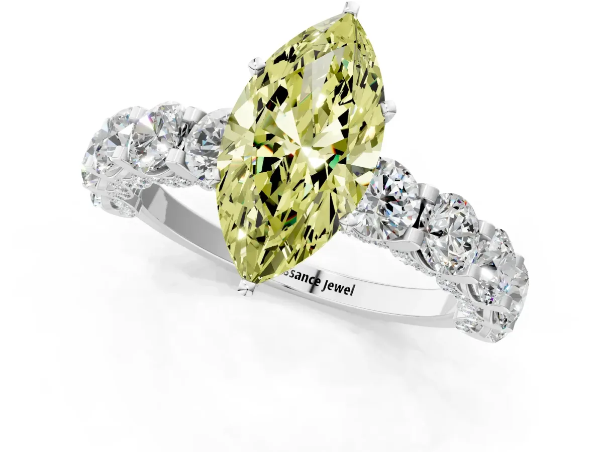 Fancy Yellow Marquise Cut Diamond Side Stone Engagement Ring with Four-Prong Setting Platinum