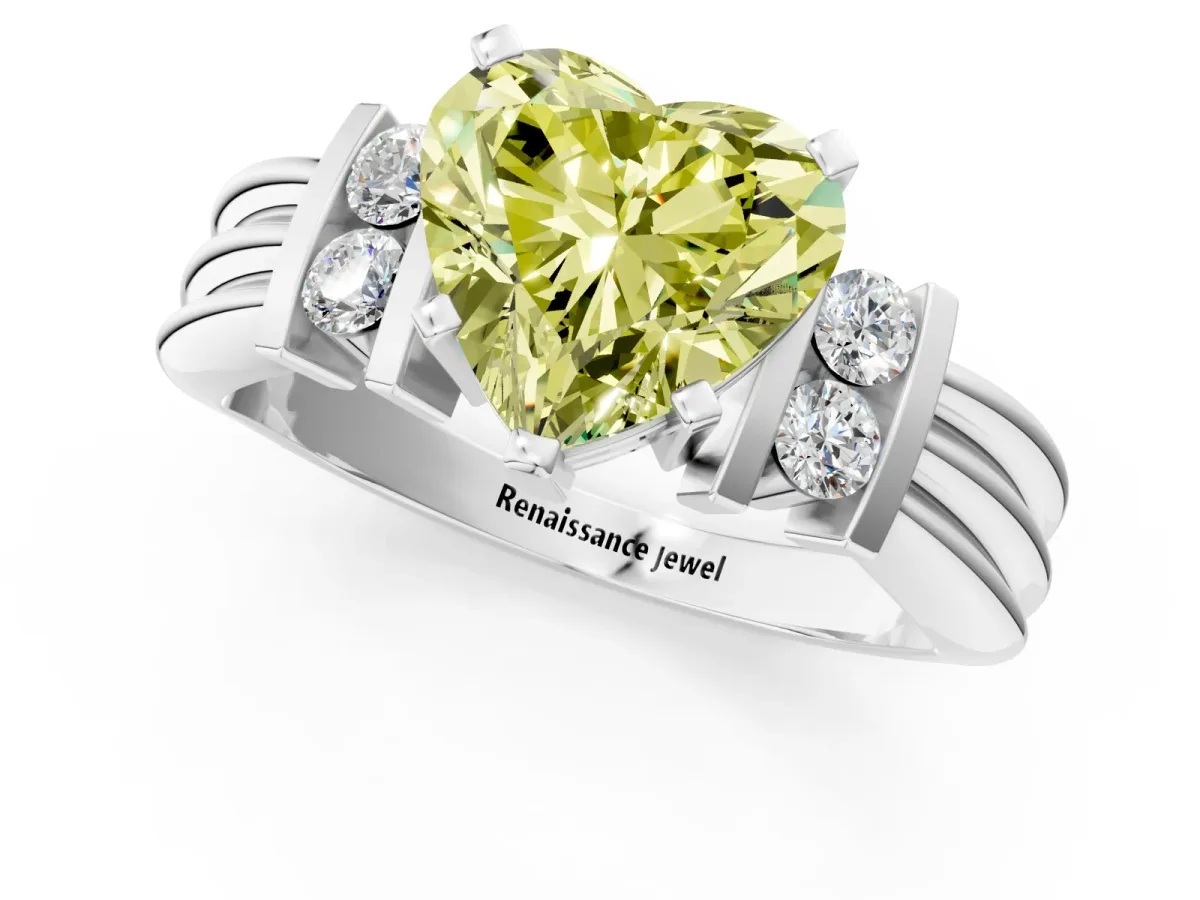 Fancy Yellow Heart Cut Cut Three-Stone Channel Set Ring with Bar Prongs Platinum