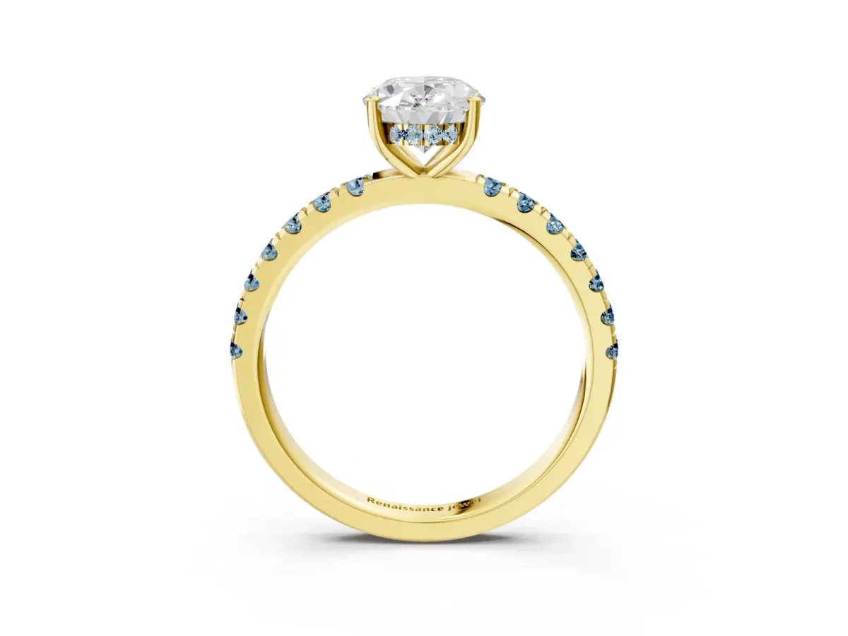 Oval Cut Diamond Pave Band Solitaire Ring with Round Aquamarine and Prong Setting Yellow gold