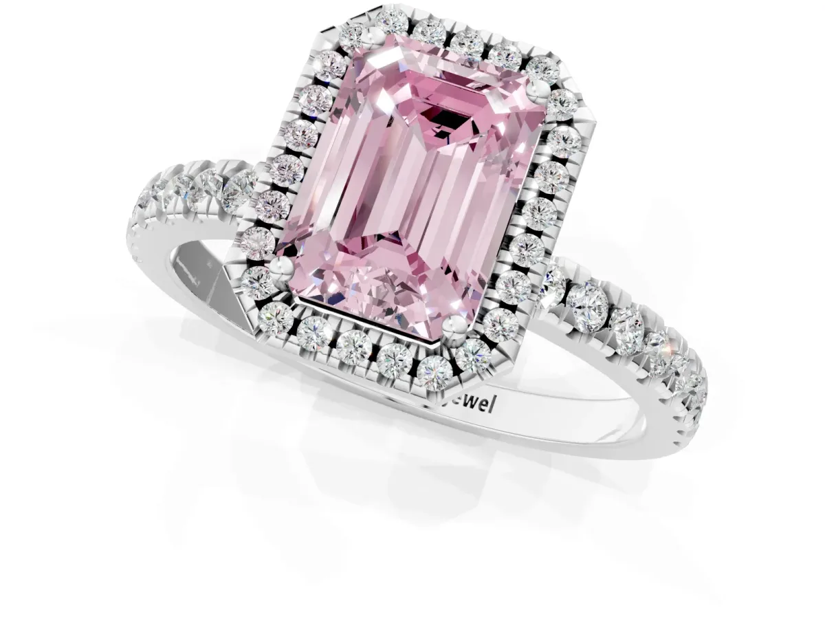 Fancy Pink Emerald Cut Diamond Classic Halo Engagement Ring with Round Pavé Band and Prong Setting White gold