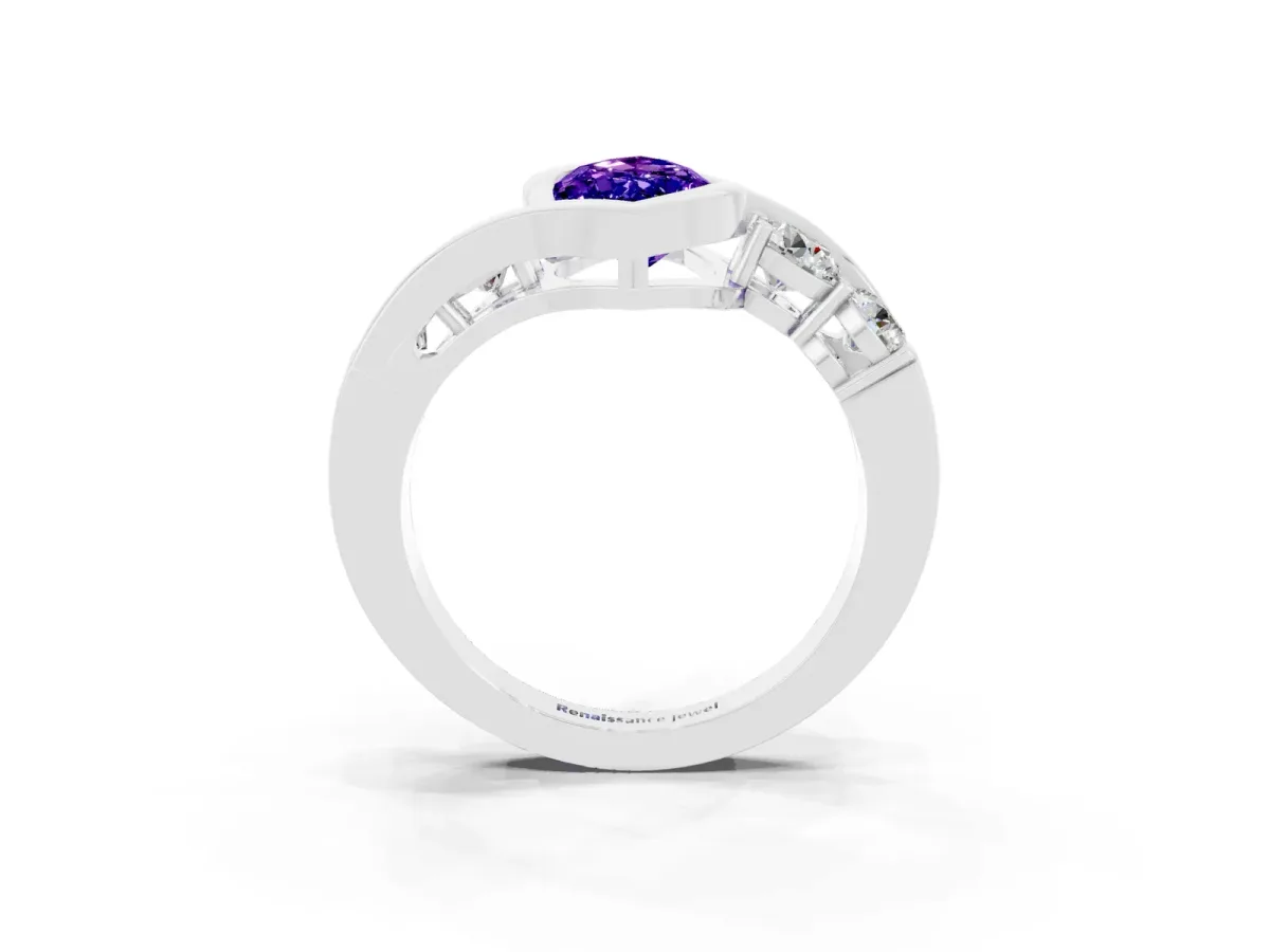 Bezel Set Marquise Cut Tanzanite Bypass Ring with Round Accents Silver