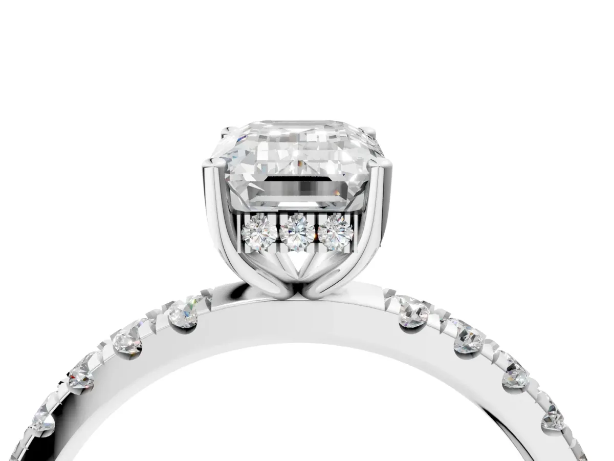 Emerald Cut Diamond Pave Band Solitaire Ring with Round and Prong Setting White gold