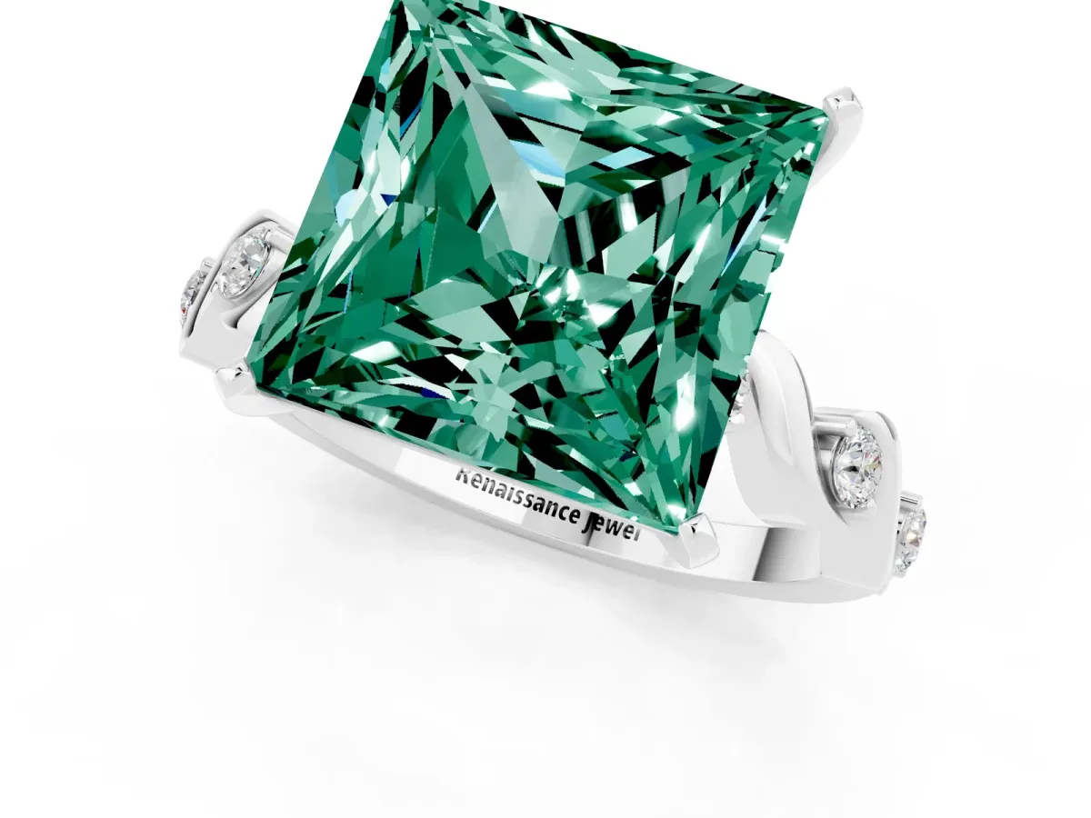Princess Cut Green Sapphire Solitaire Twisted Band with Round Accents and Prong Setting Platinum