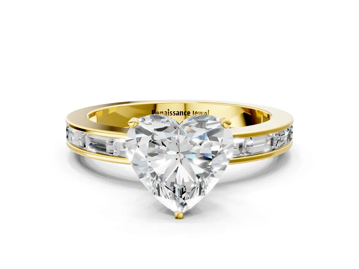 Heart Cut Solitaire Diamond Ring with Channel-Set Baguette Band and Four-Prong Setting Yellow gold