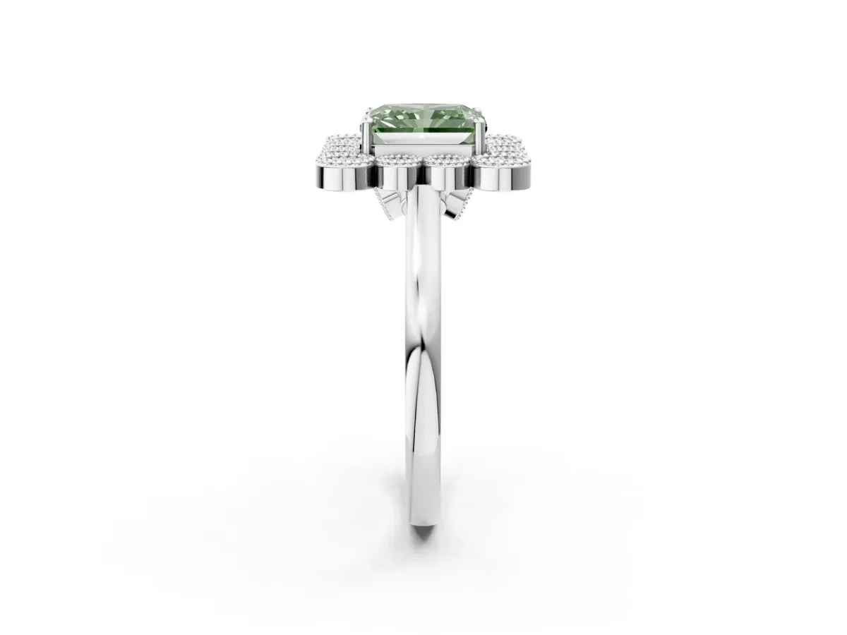 Fancy Green Radiant Cut Halo Diamond Cluster Engagement Ring with Milgrain Bezel Setting and Solitaire Band Platinum
