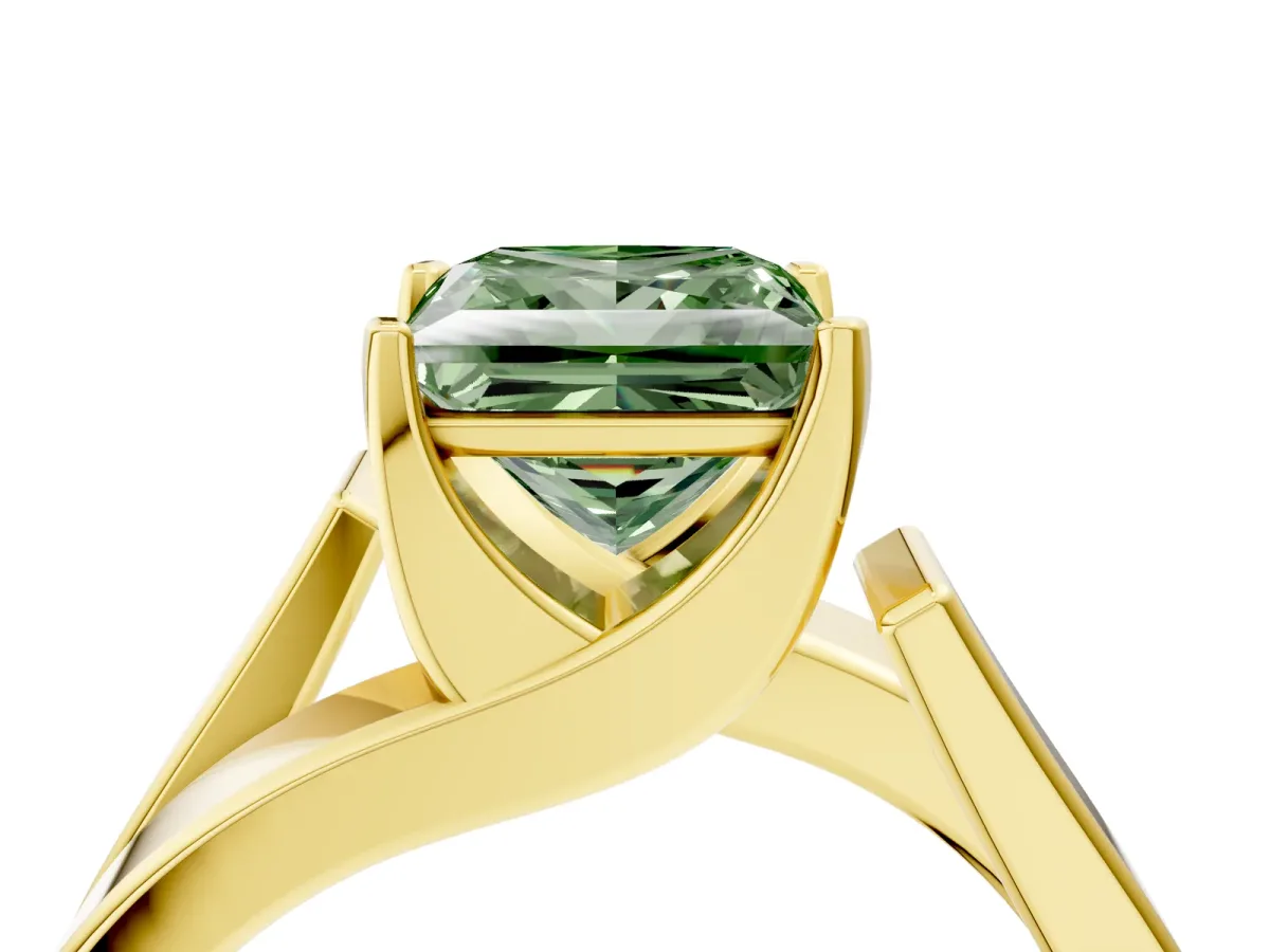 Fancy Green Modern Tension Set Princess Cut Diamond Solitaire Wide Band Ring Yellow gold