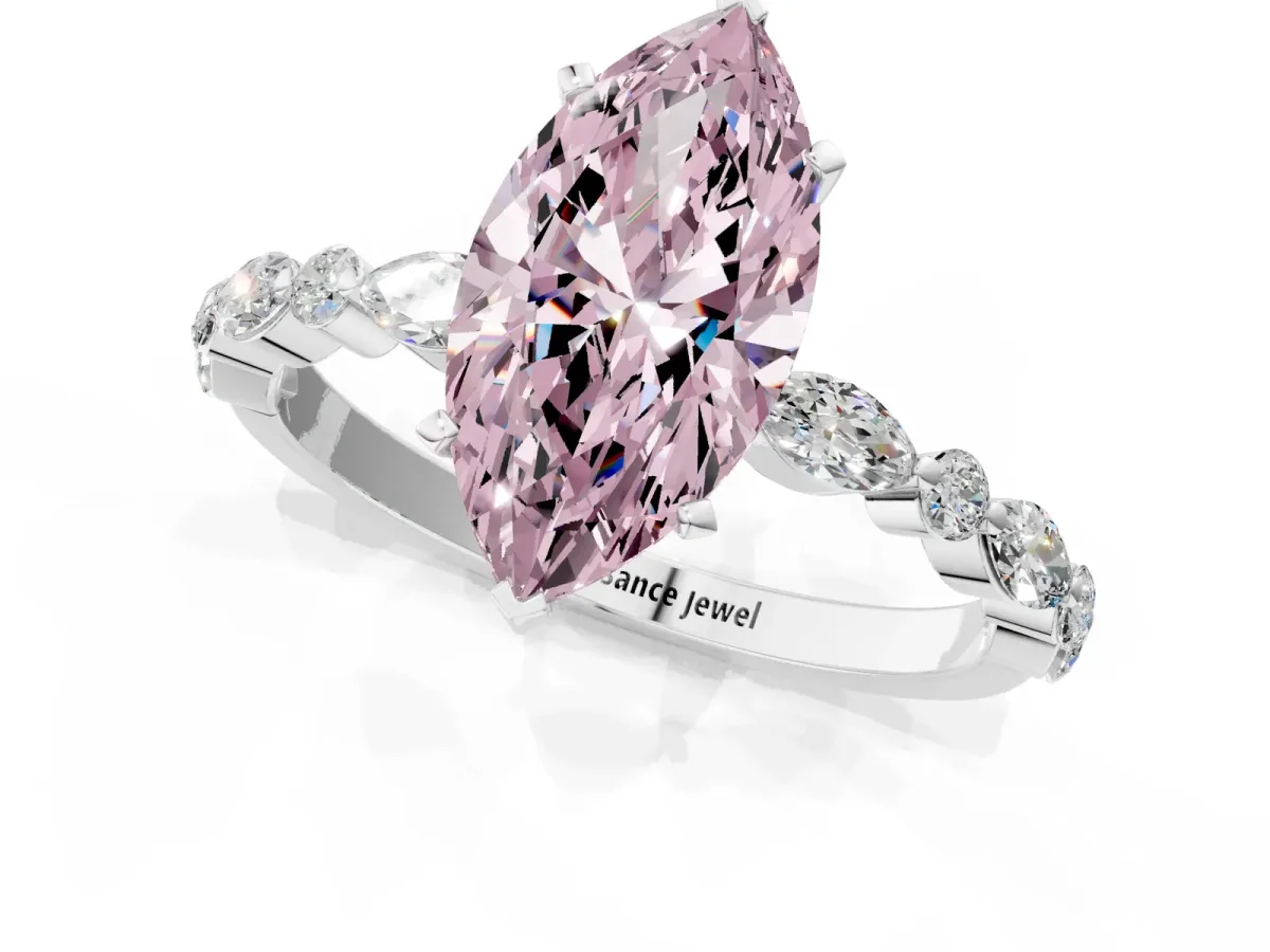 Fancy Pink Marquise Cut Diamond Ring with Marquise and Round Side Stones and Four-Prong Setting White gold