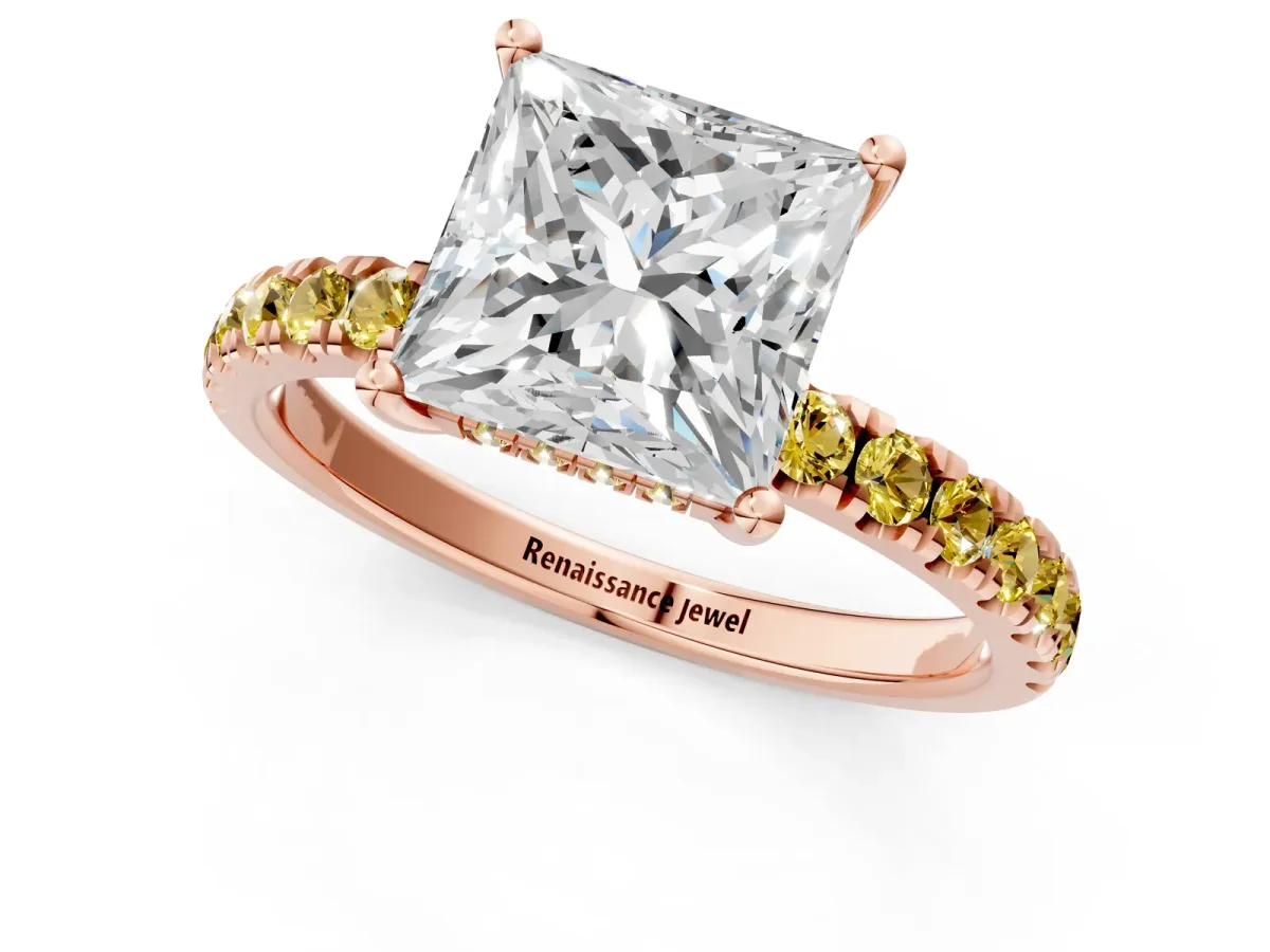 Princess Cut Diamond Pave Band Solitaire Ring with Round Yellow Sapphire and Prong Setting Rose gold