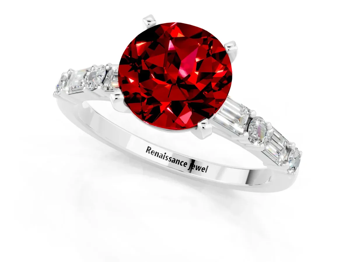 Round Cut Ruby Solitaire with Side Baguettes and Channel Set Band Platinum