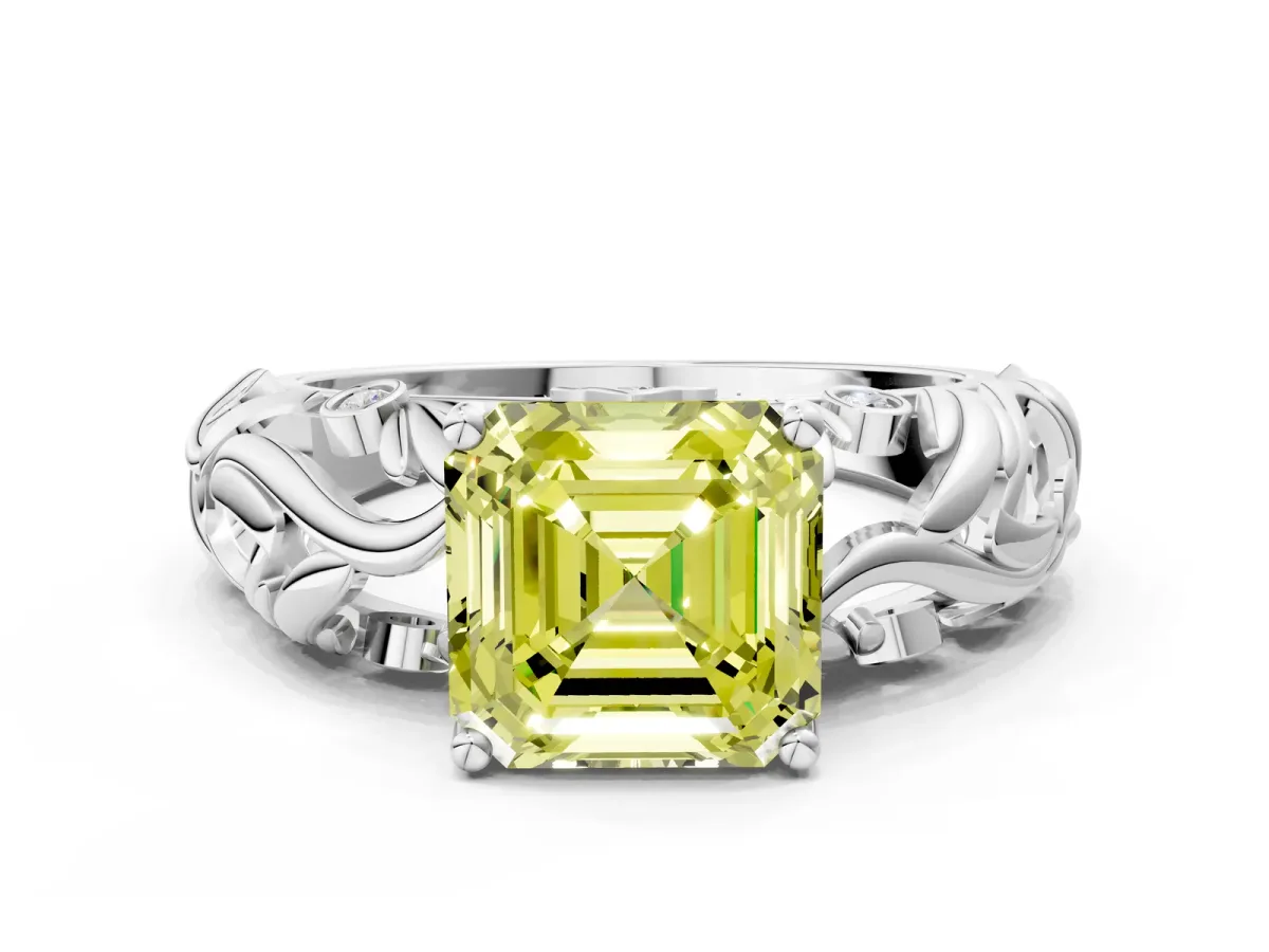 Fancy Yellow Asscher Cut Solitaire Diamond Leaf-Inspired Vine Band Ring with Prong Setting Platinum