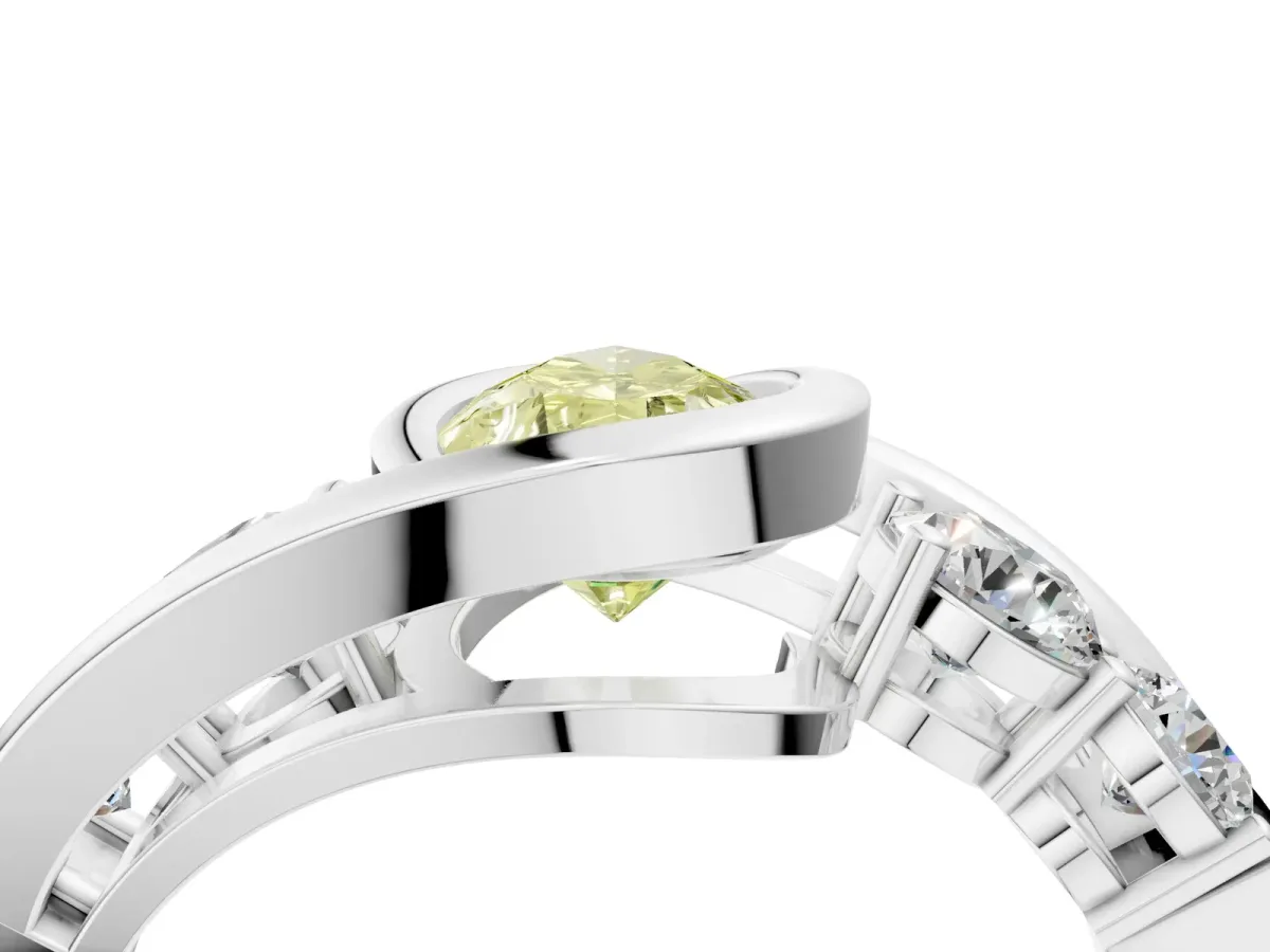 Fancy Yellow Bezel Set Pear Cut Diamond Bypass Ring with Round Accents Silver
