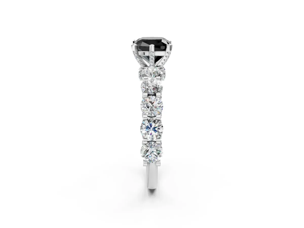 Fancy Black Cushion Cut Diamond Side Stone Engagement Ring with Four-Prong Setting White gold