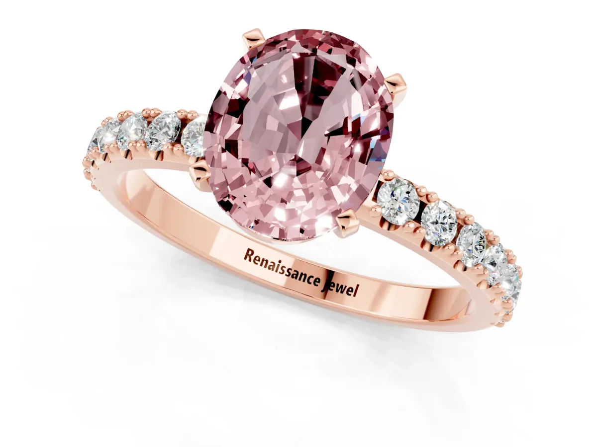 Oval Cut Morganite Solitaire Pavé Band with Four-Prong Setting Rose gold