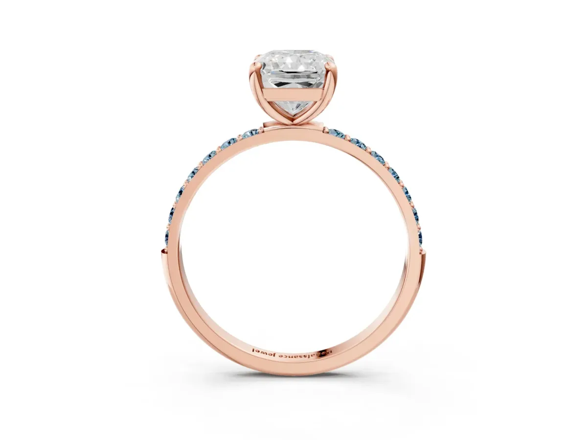 Radiant Cut Diamond Solitaire Ring with Round Aquamarine Pavé Band and Prong Setting Rose gold