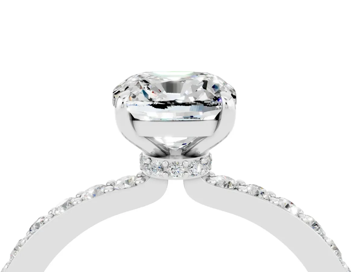 Cushion Cut Moissanite Solitaire Engagement Ring with Pavé Band and Four-Prong Setting White gold
