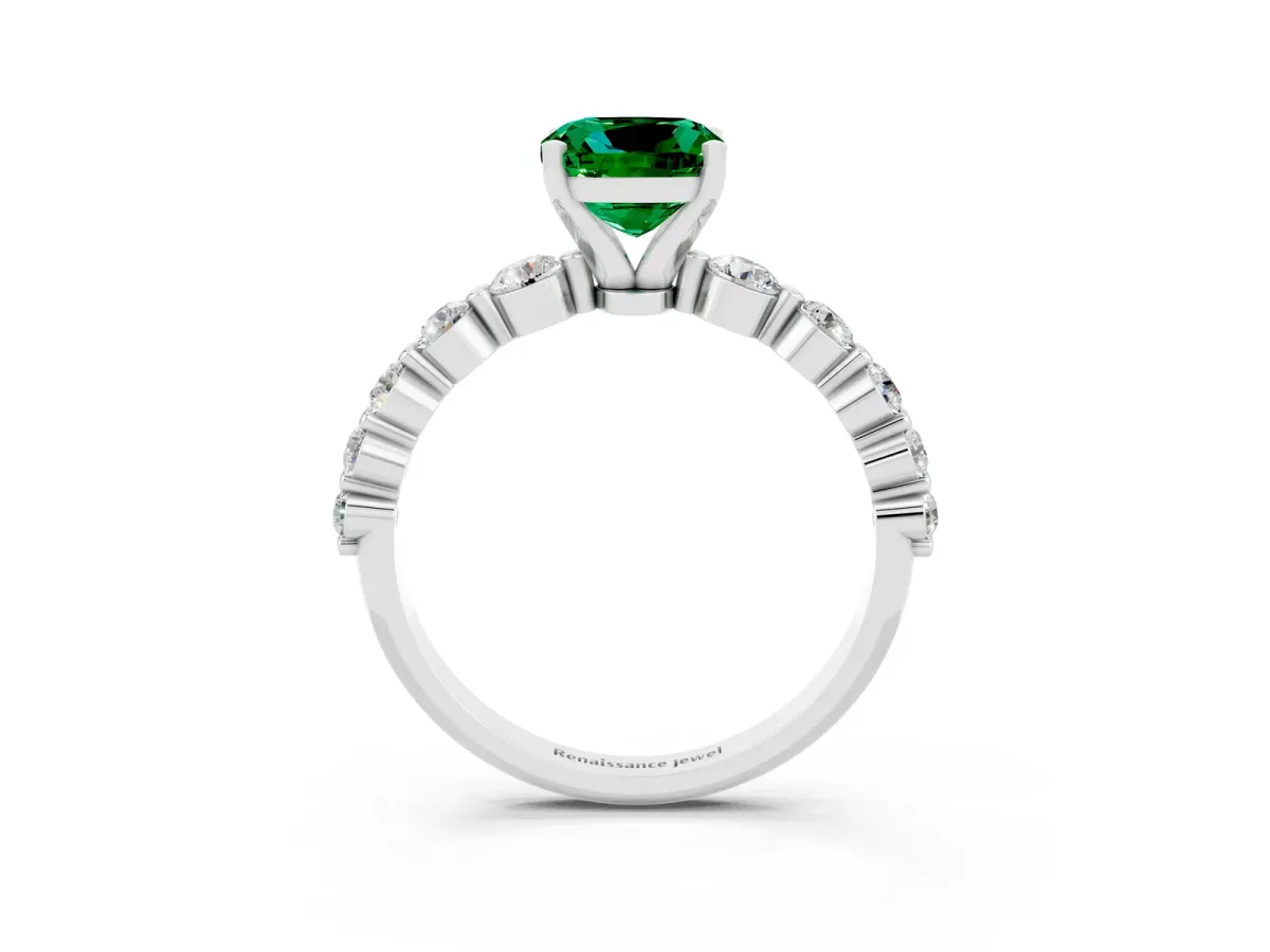 Cushion Cut Solitaire Emerald Ring with Pave Band and Four-Prong Setting Silver