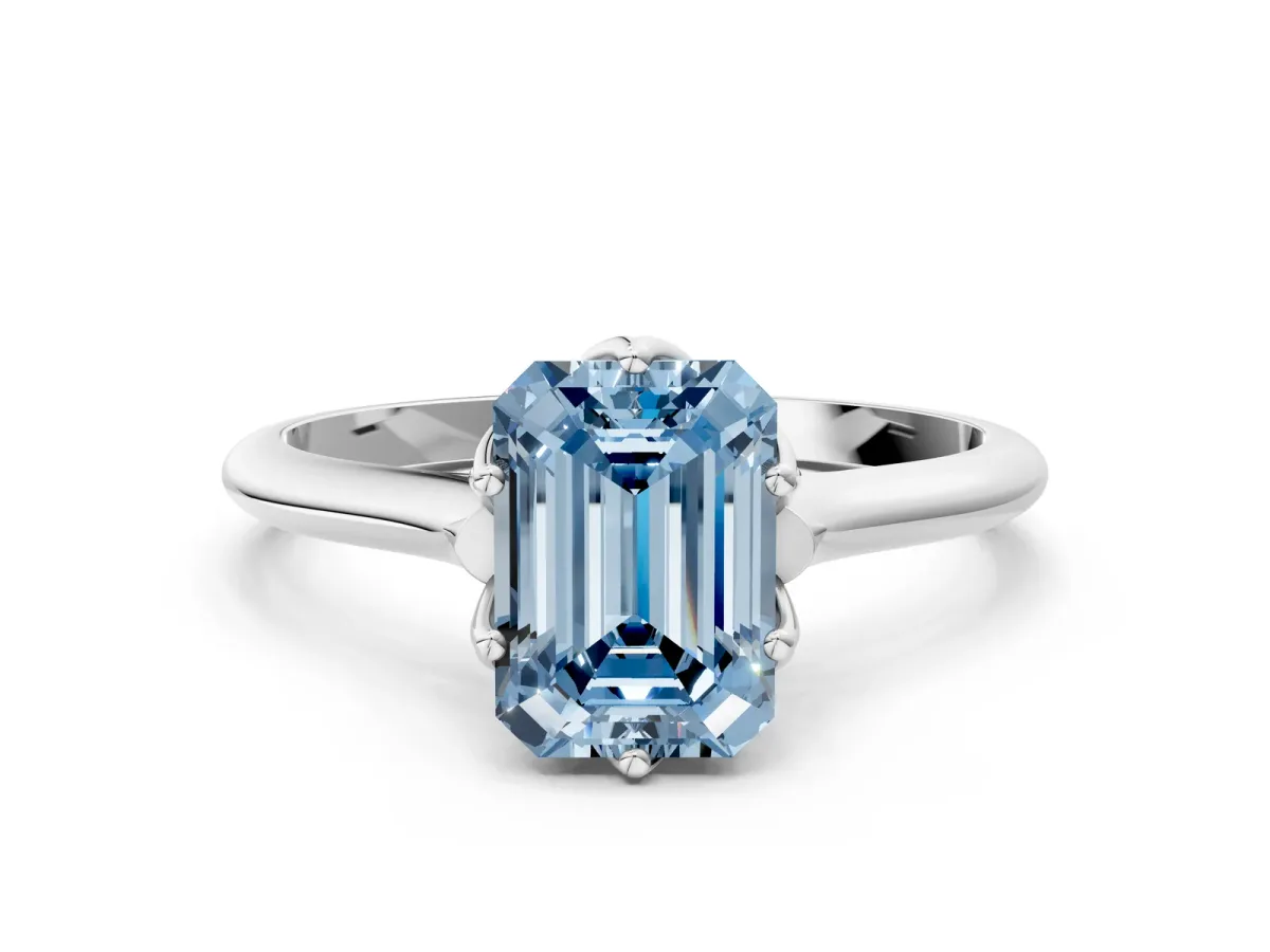 Fancy Blue Emerald Cut Solitaire Cathedral Diamond Ring with Six-Prong Setting Silver
