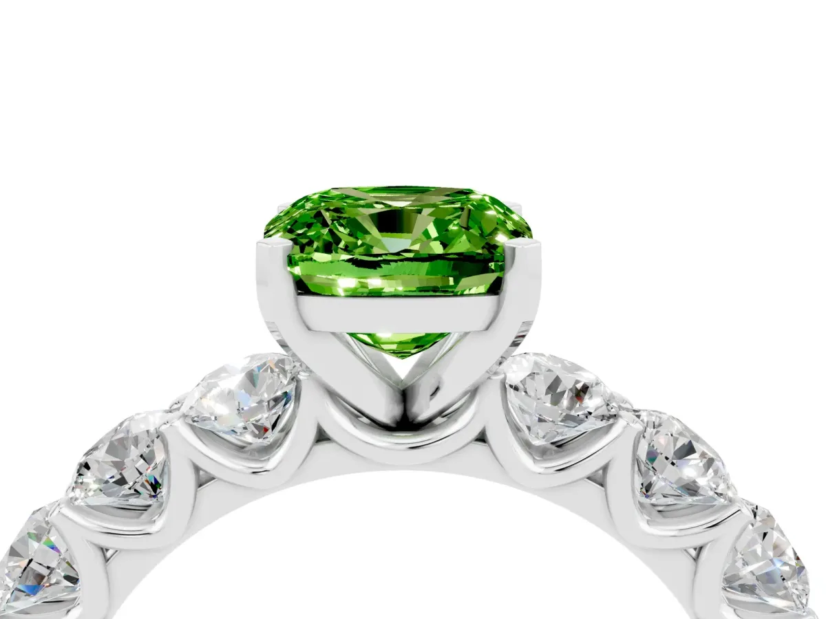 Cushion Cut Peridot Prong Setting with Side Stones on a Pave Band Silver