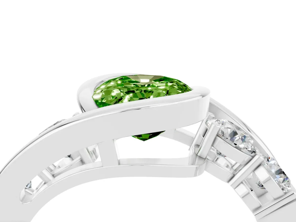 Bezel Set Oval Cut Peridot Bypass Ring with Round Accents Silver