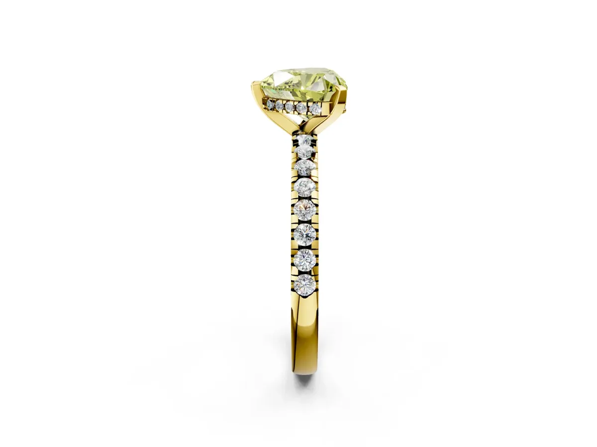 Fancy Yellow Heart Cut Diamond Solitaire Ring with Round Pavé Band and Four-Prong Setting Yellow gold