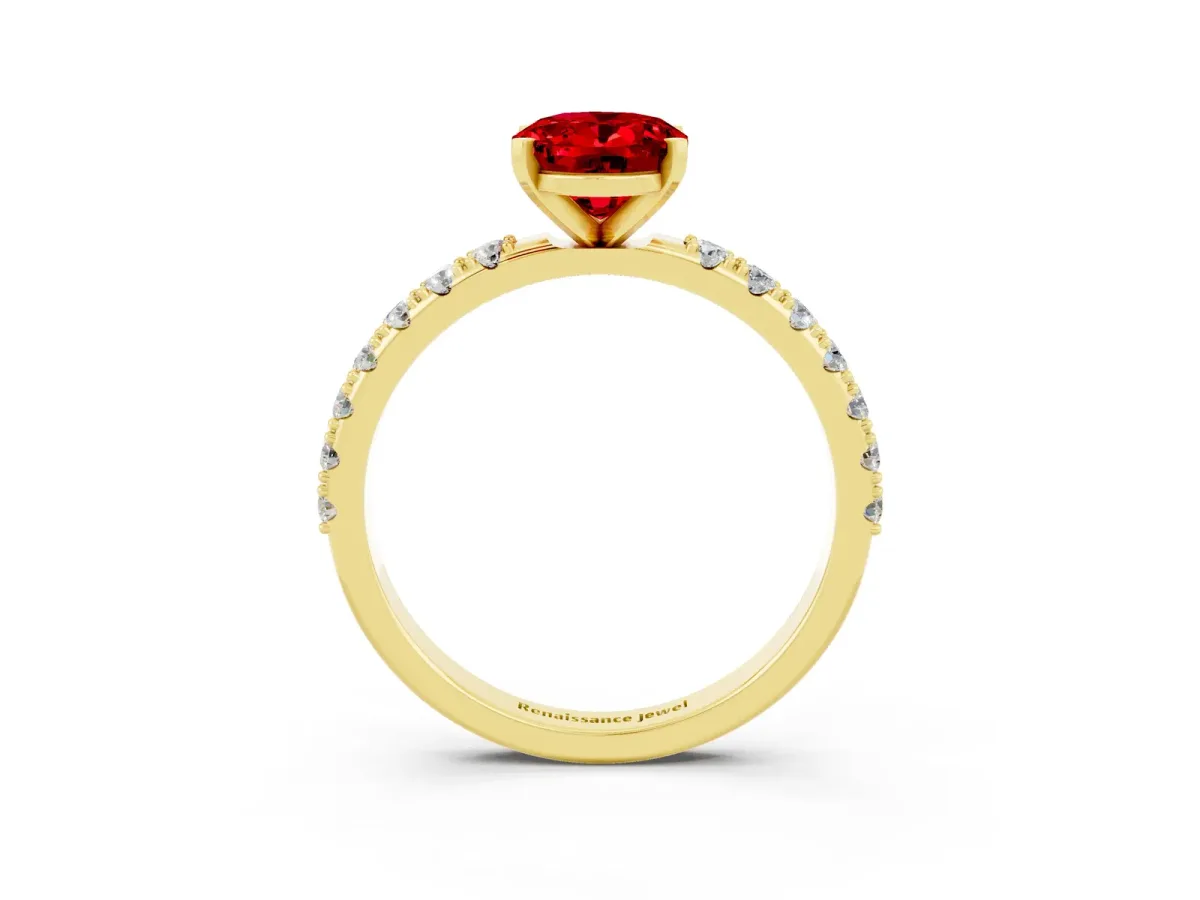 Oval Cut Ruby Solitaire Pavé Band with Four-Prong Setting Yellow gold