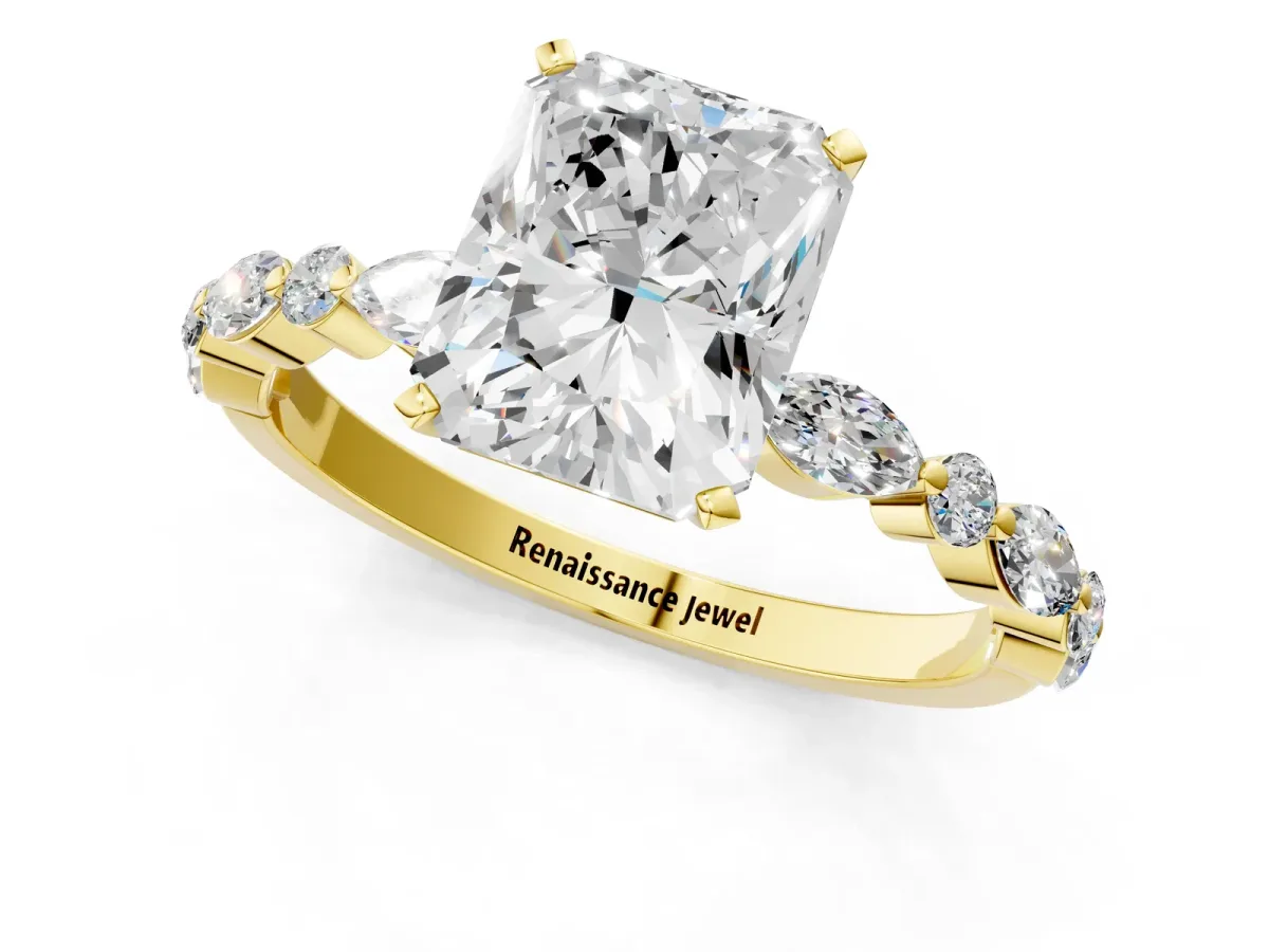 Radiant Cut Diamond Ring with Marquise and Round Side Stones and Four-Prong Setting Yellow gold