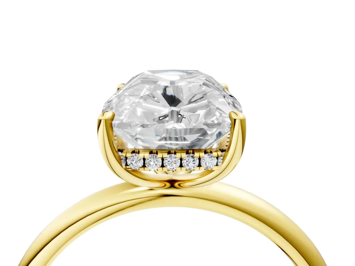 Old Mine Elongated Cushion Diamond Classic Band Four Prong Solitaire Ring Yellow gold