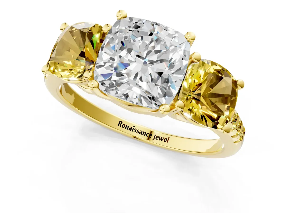 Three-Stone Cushion Cut Diamond Ring with Round Yellow Sapphire Pavé Band and Prong Setting Yellow gold