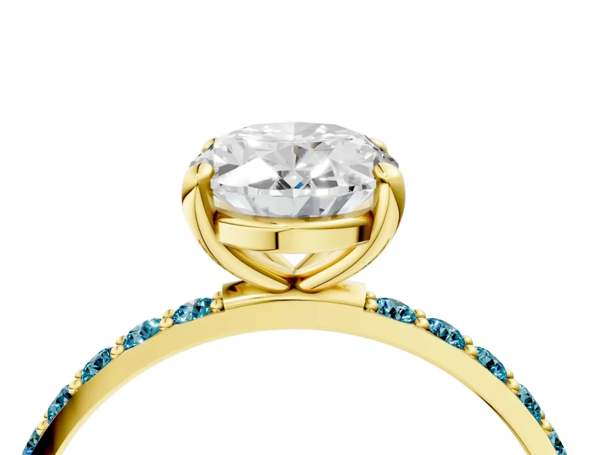 Oval Cut Diamond Solitaire Ring with Round Blue Topaz Pavé Band and Prong Setting Yellow gold