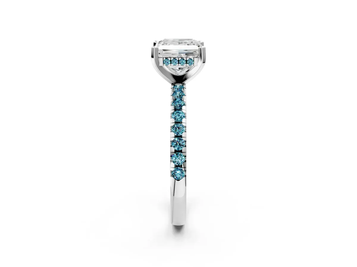 Princess Cut Diamond Solitaire Ring with Round Blue Topaz Pavé Band and Four-Prong Setting White gold