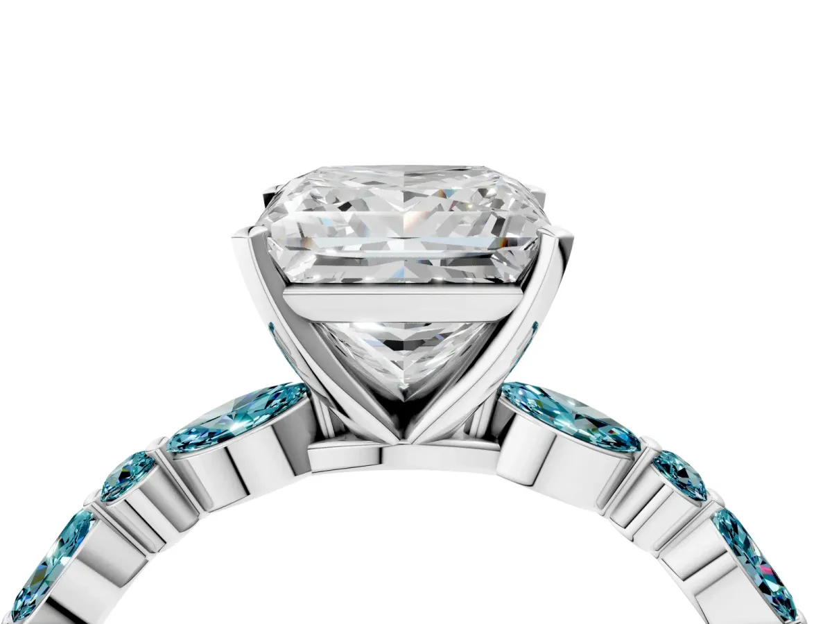 Princess Cut Diamond Ring with Marquise and Round Blue Topaz Side Stones and Four-Prong Setting Platinum
