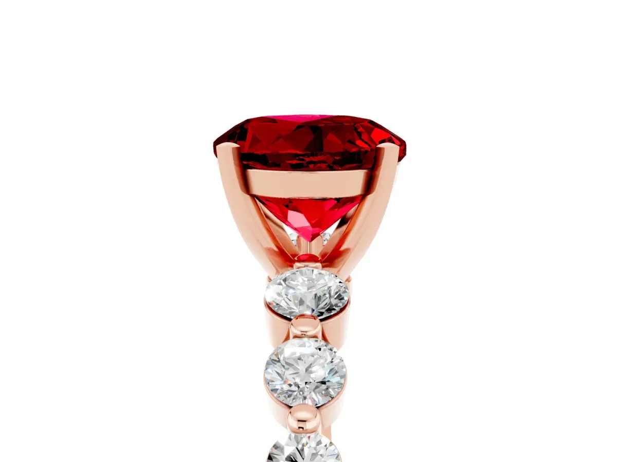 Round Cut Solitaire Ruby Ring with Pave Band and Four-Prong Setting Rose gold