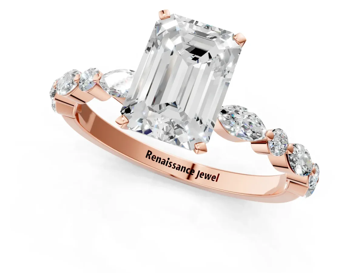 Emerald Cut Diamond Ring with Marquise and Round Moissanite Side Stones and Four-Prong Setting Rose gold