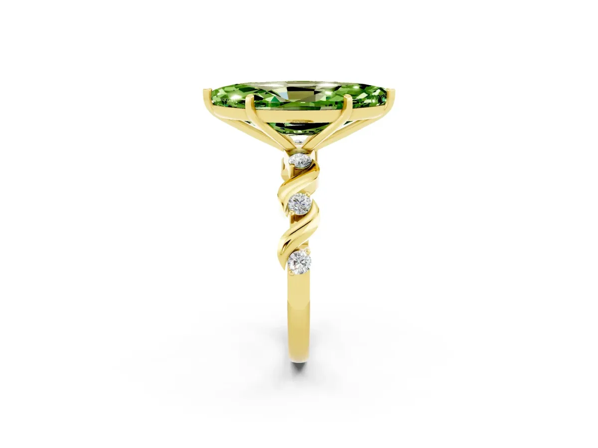 Marquise Cut Peridot Solitaire Twisted Band with Round Accents and Prong Setting Yellow gold