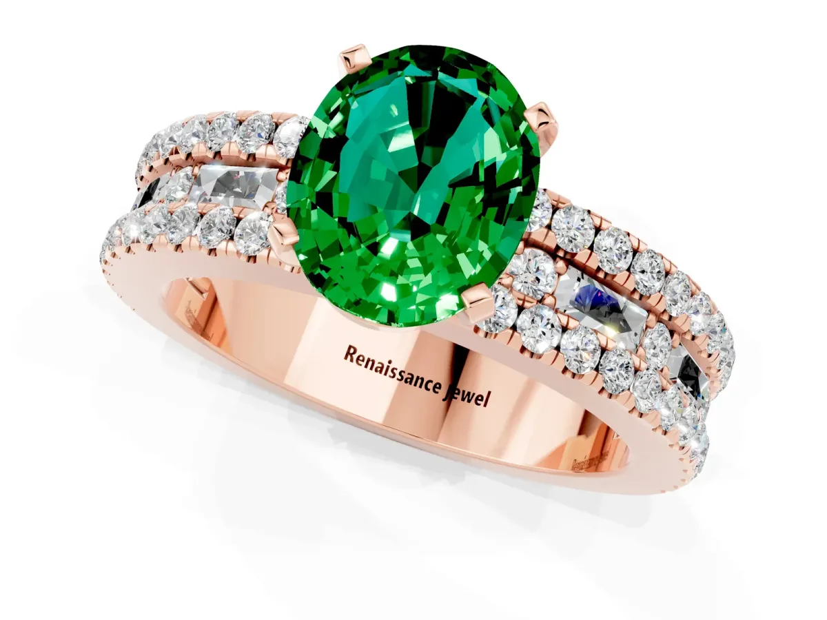 Oval Cut Emerald Solitaire Ring with Pavé and Channel Set Band Rose gold