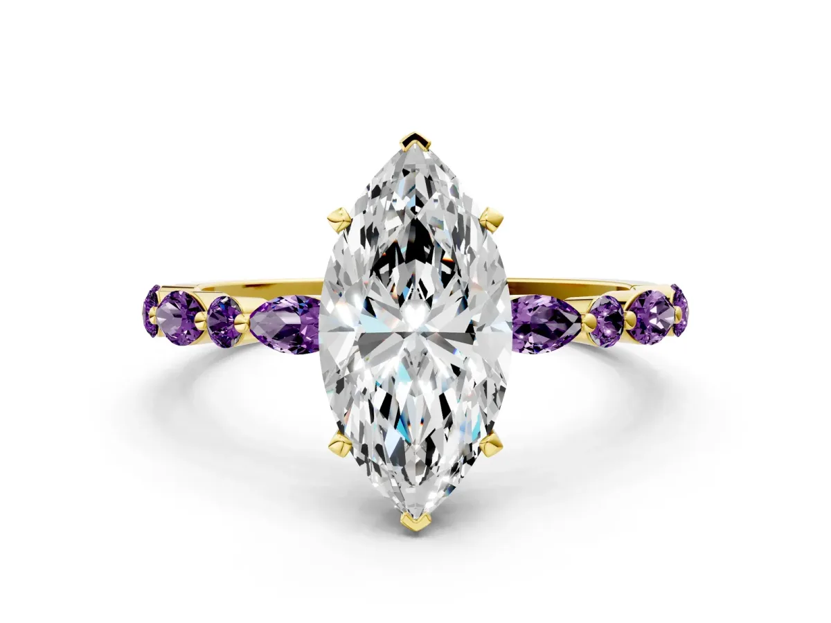 Marquise Cut Diamond Ring with Marquise and Round Amethyst Side Stones and Four-Prong Setting Yellow gold