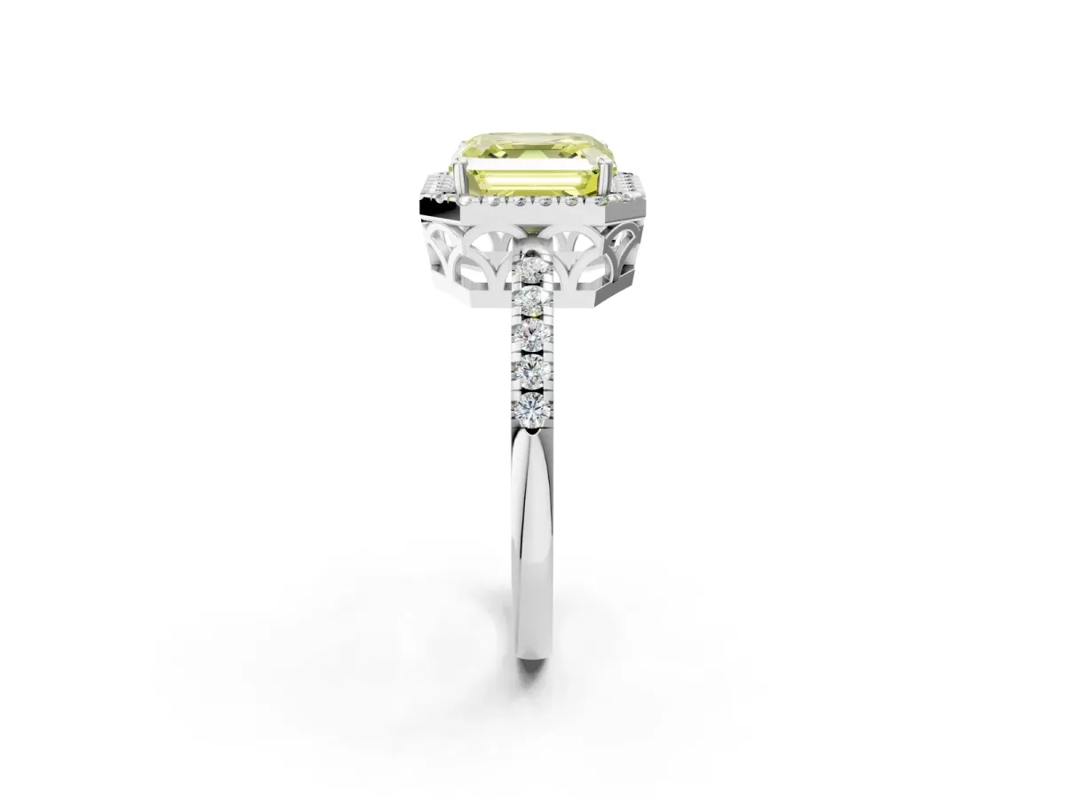 Fancy Yellow Asscher Cut Halo Diamond Engagement Ring with Pavé Band and Four-Prong Setting Platinum