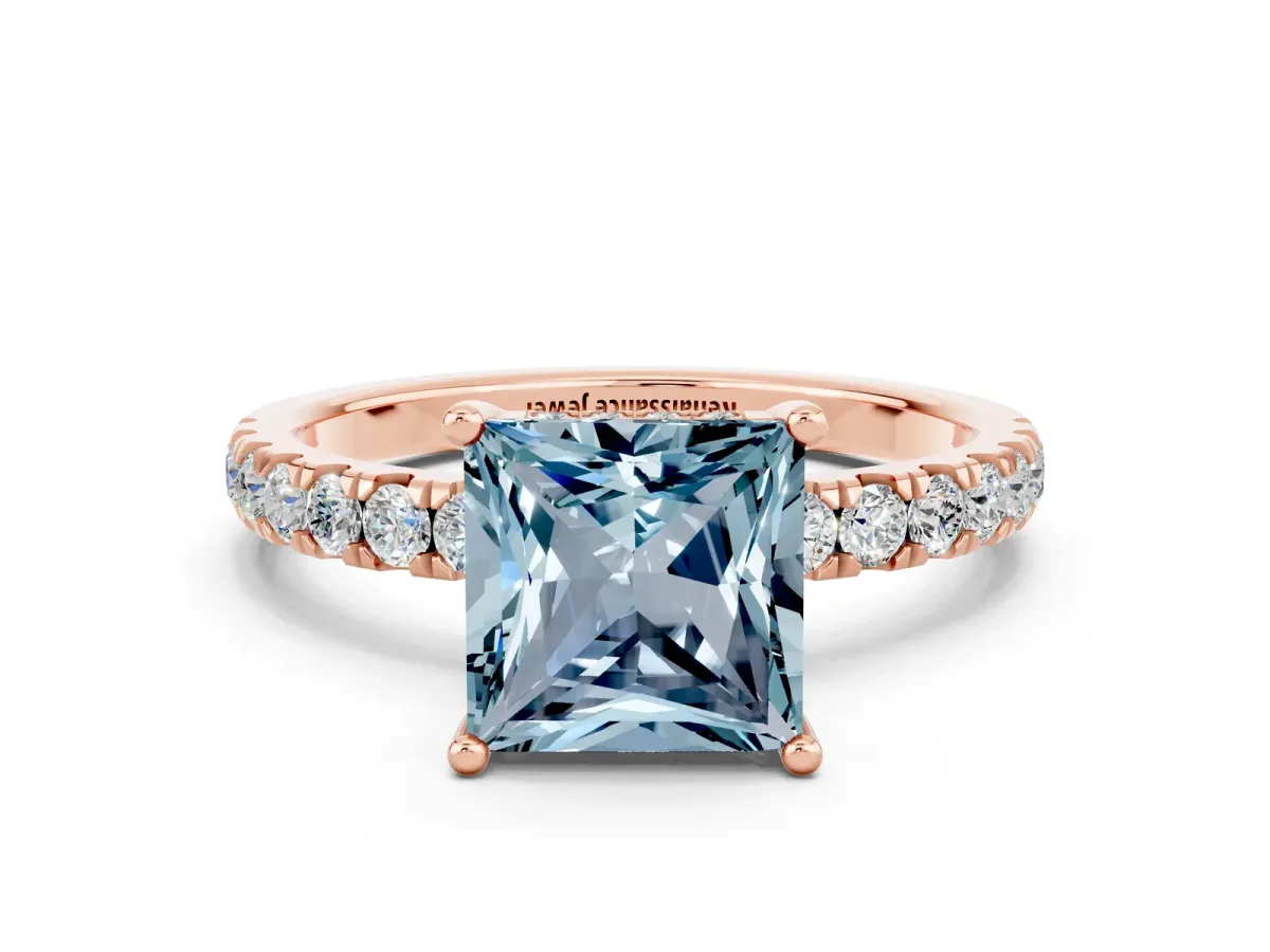 Princess Cut Aquamarine Pave Band Solitaire Ring with Round and Prong Setting Rose gold