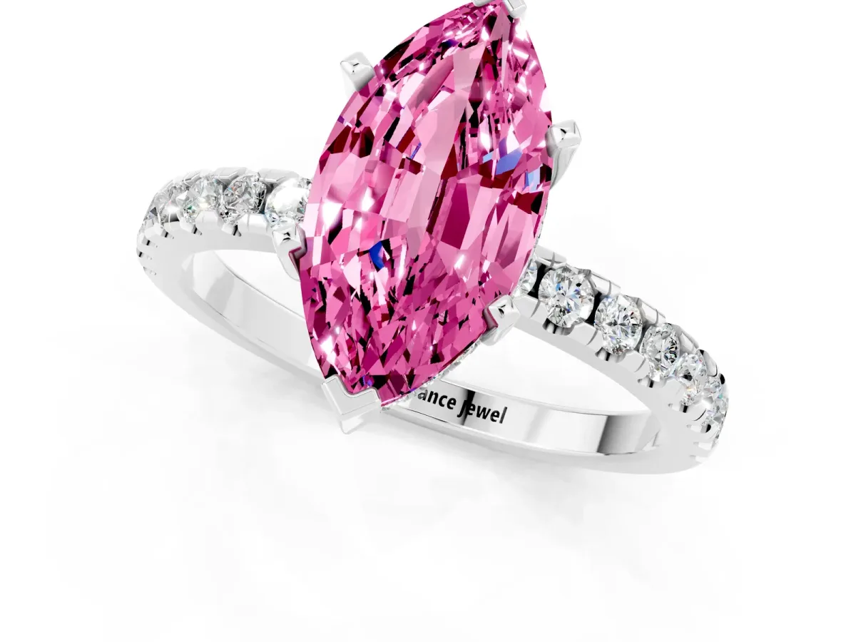 Marquise Cut Pink Sapphire Solitaire Ring with Round Pavé Band and Four-Prong Setting Silver