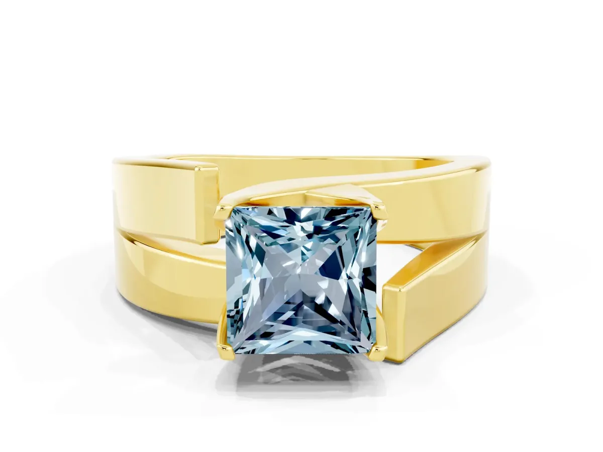 Modern Tension Set Princess Cut Aquamarine Solitaire Wide Band Ring Yellow gold